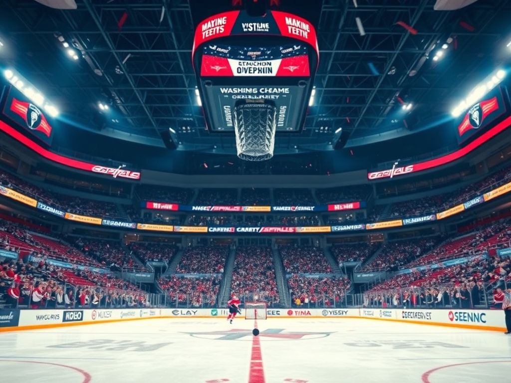 Flick International Hockey puck mid-air near an empty net during a game moment