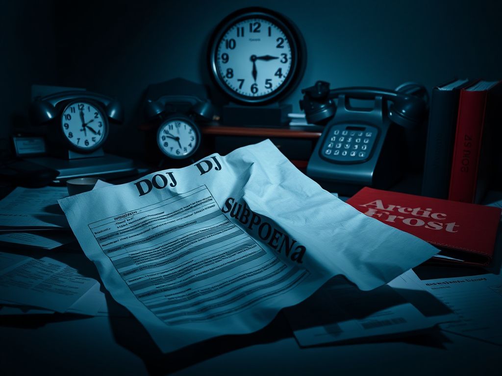 Flick International Dark office space with subpoena document and surveillance themes