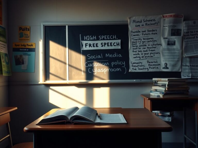 Flick International High school classroom featuring open book and pen on an empty desk, highlighting the reflection on free speech and social media policies.