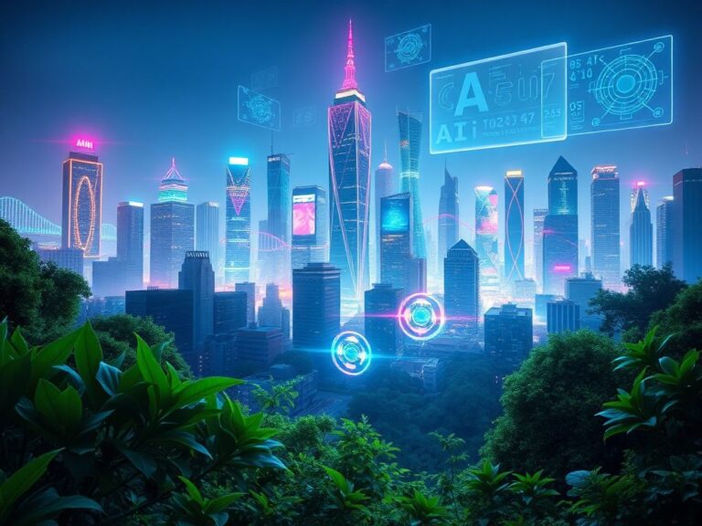 Flick International Futuristic city skyline illuminated by neon lights symbolizing AI advancements