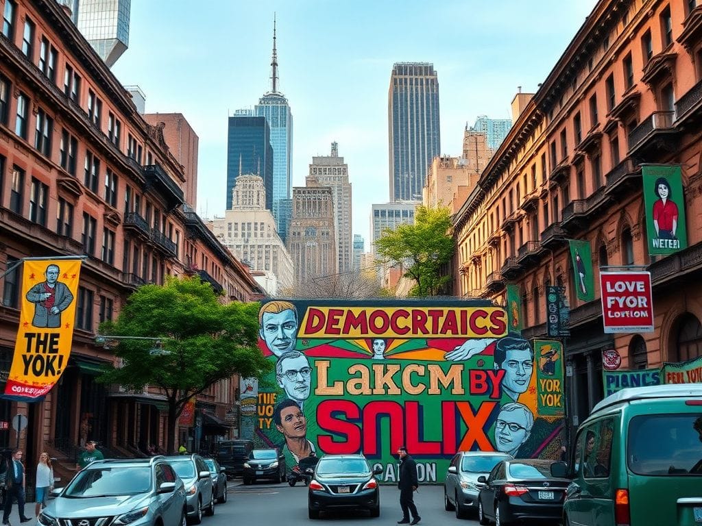 Flick International Vibrant mural depicting democratic socialism in a bustling New York City street scene