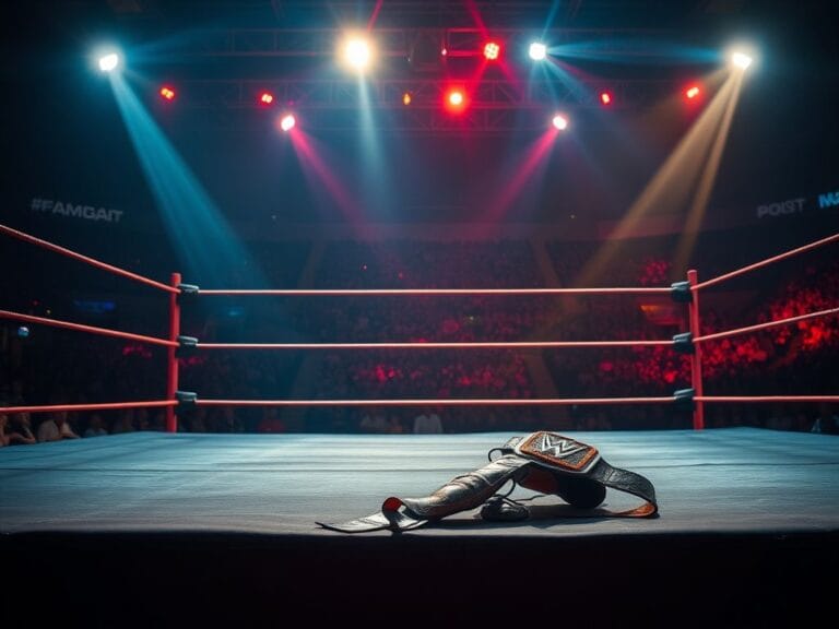 Flick International Dramatic wrestling ring illuminated by bright spotlights in a vibrant arena