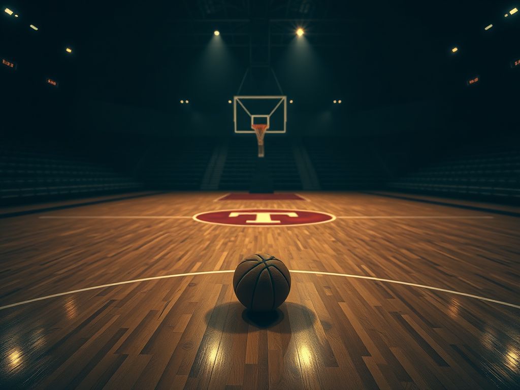 Flick International A basketball on a hardwood court marked with faint lines and Temple University's logo, evoking tension and controversy