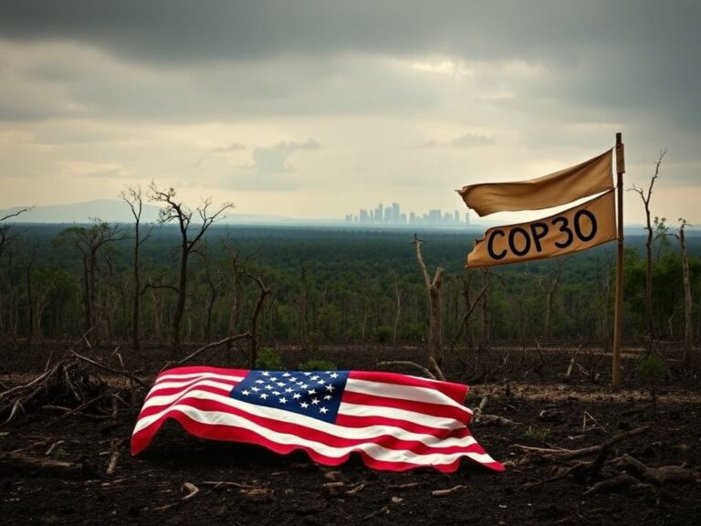 Flick International A desolate section of the Amazon rainforest with dying trees and a tattered U.S. flag symbolizing climate change impacts