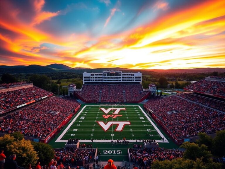 Flick International Aerial view of a modern college football stadium with vibrant sunset and fans in Virginia Tech colors