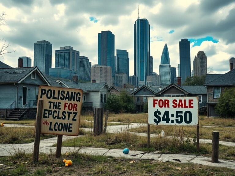 Flick International A stark urban landscape showing a dilapidated neighborhood with crumbling houses and overgrown lawns highlighting the housing crisis.