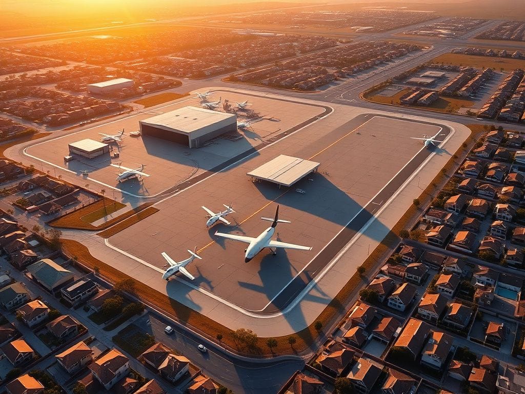 Flick International Aerial view of Hawthorne Airport in Los Angeles with electric vertical takeoff and landing aircraft