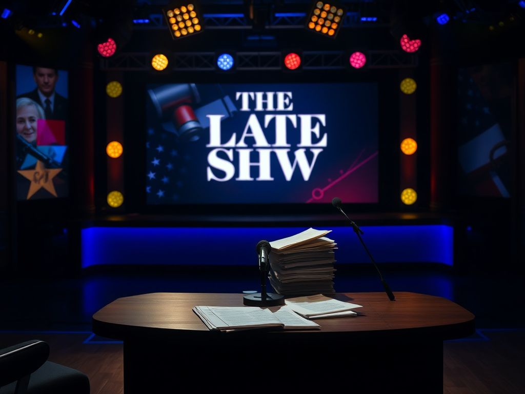 Flick International A dimly lit television studio set featuring The Late Show desk and colorful stage lights