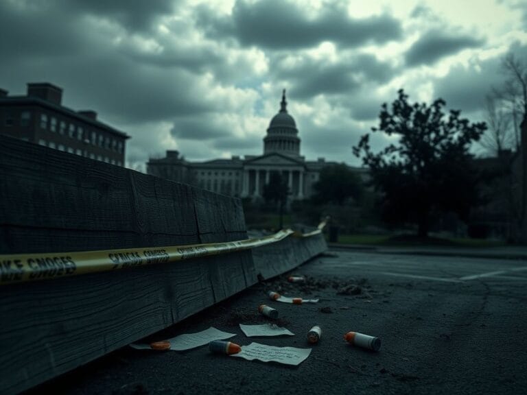 Flick International Dark urban scene depicting a police investigation with barricades and government building
