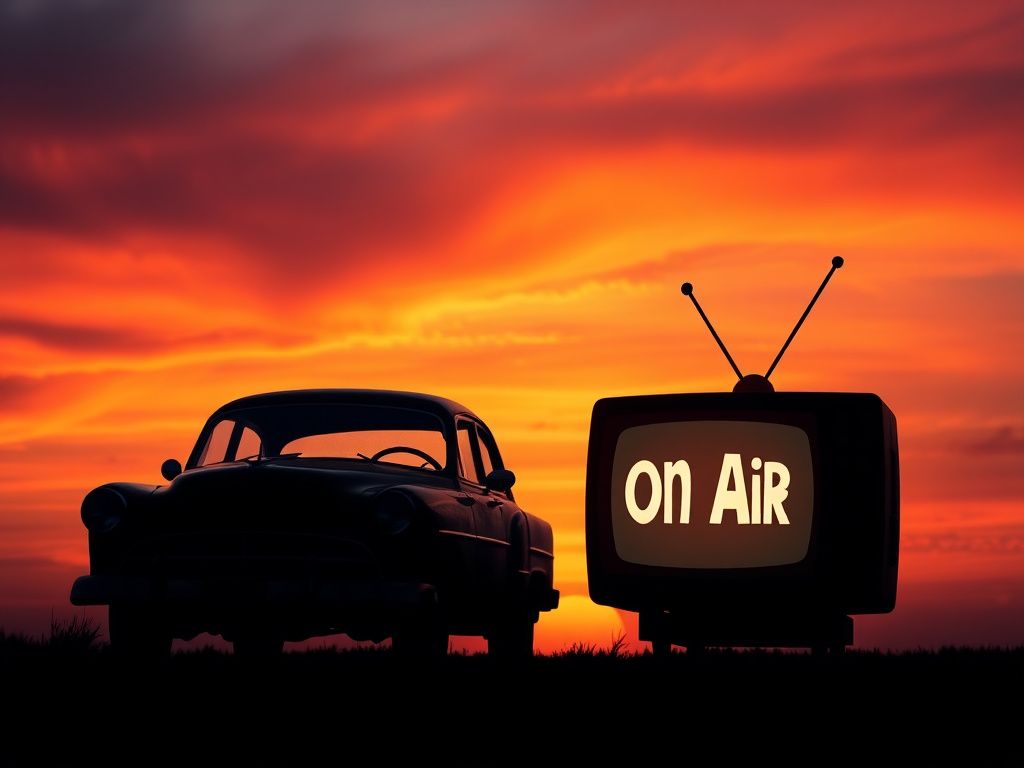Flick International Silhouette of a vintage car and a humorous television set against a colorful sunset