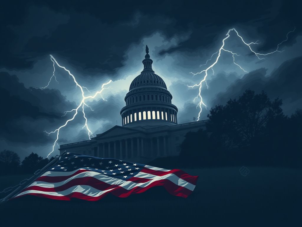 Flick International Stylized silhouette of the U.S. Capitol building with storm clouds