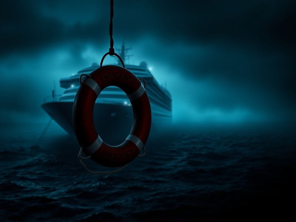 Flick International A deserted cruise ship on a foggy sea with a lifebuoy labeled 'Emergency'.