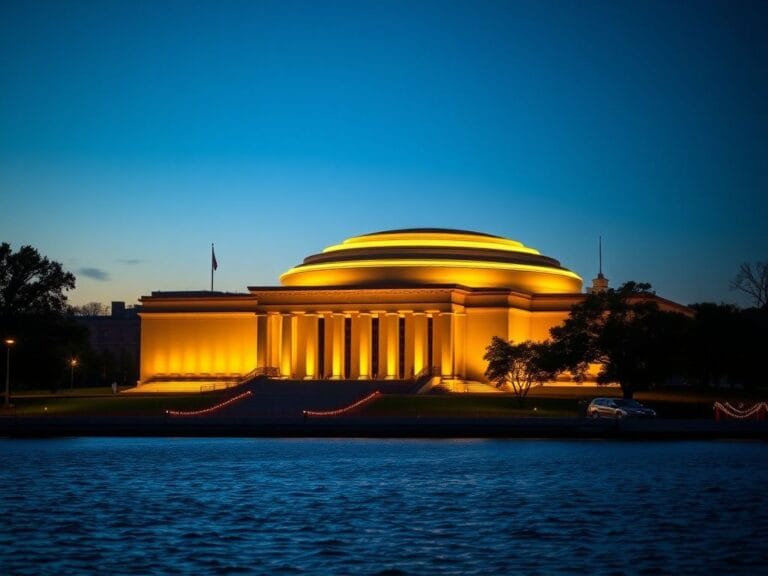 Flick International Dramatic view of the John F. Kennedy Center for the Performing Arts illuminated at dusk