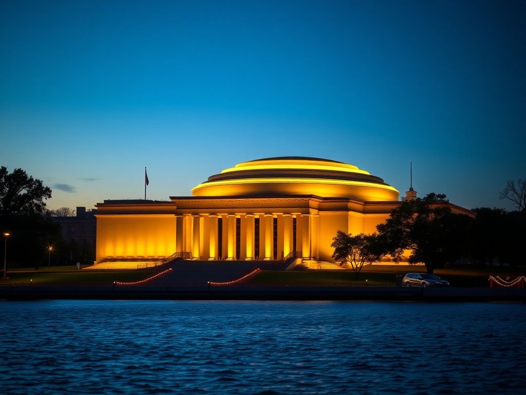 Flick International Dramatic view of the John F. Kennedy Center for the Performing Arts illuminated at dusk