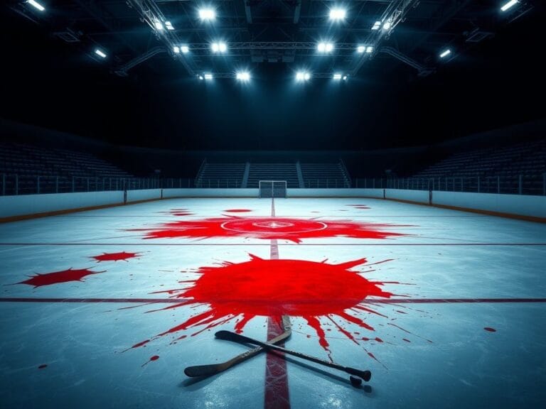 Flick International Empty hockey rink with red-stained ice symbolizing a violent incident