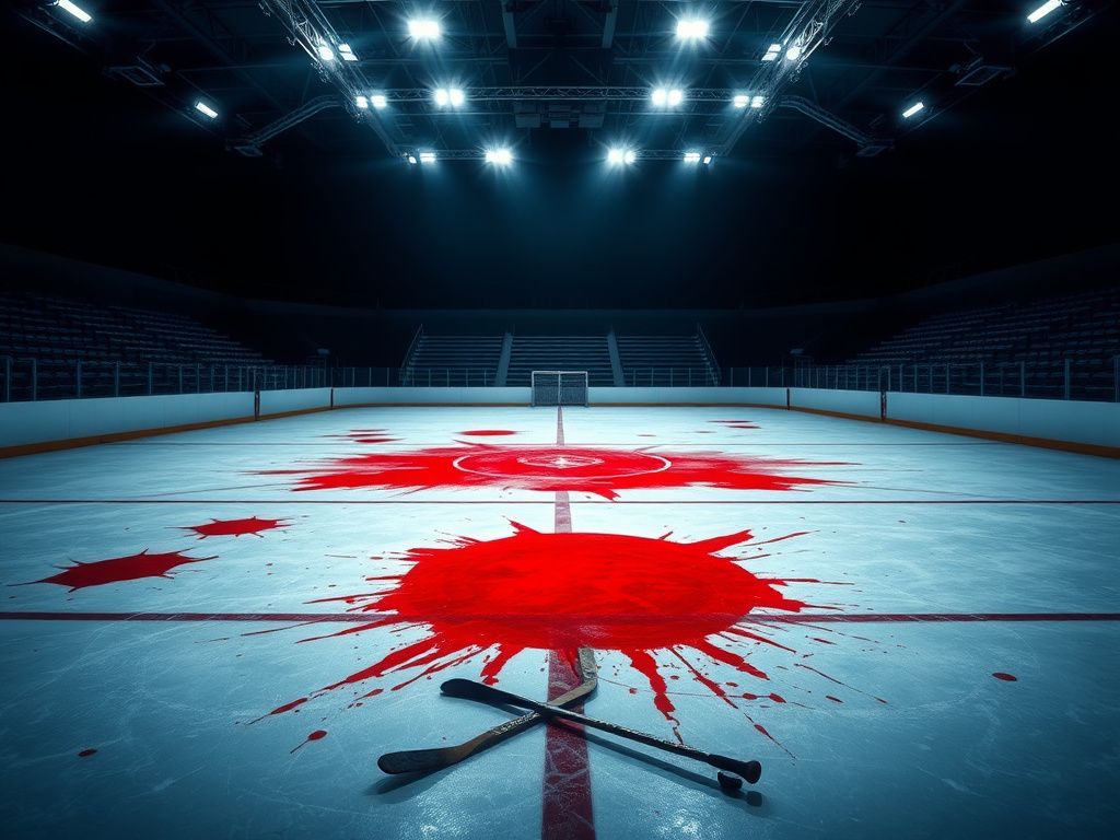 Flick International Empty hockey rink with red-stained ice symbolizing a violent incident