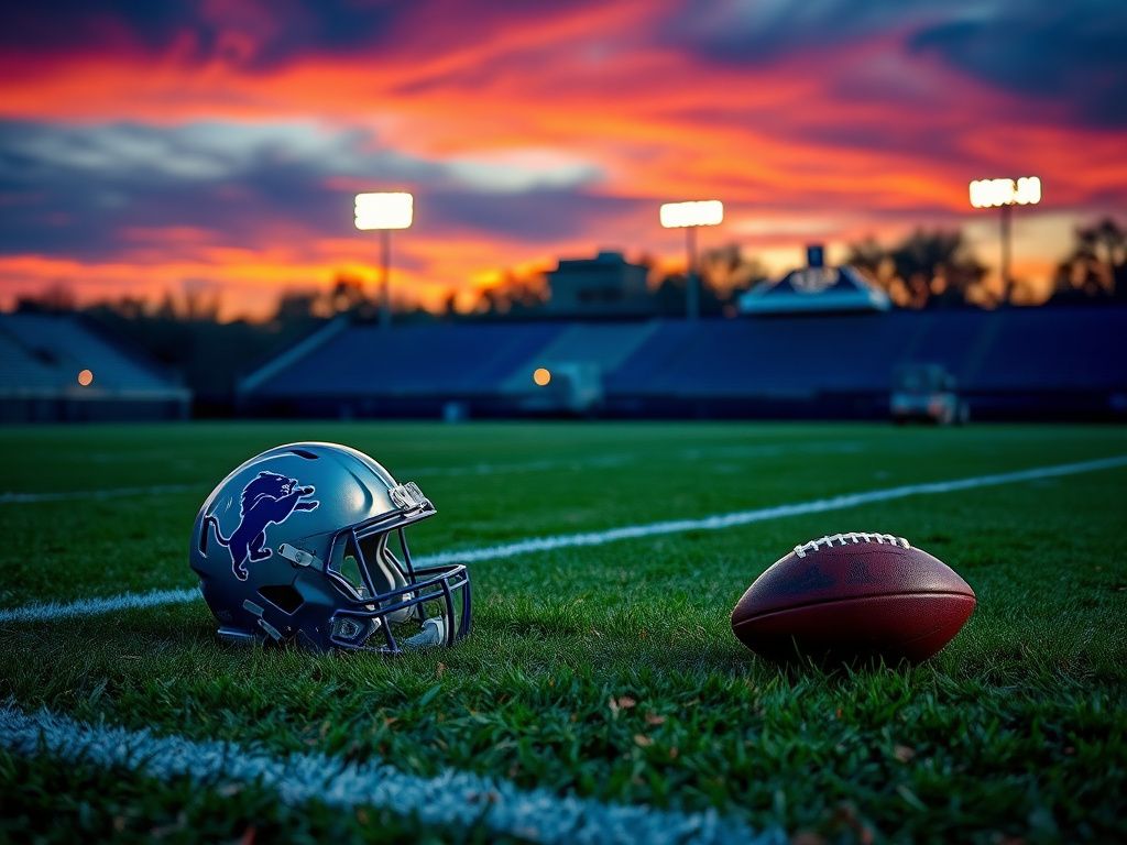 Flick International Abandoned Detroit Lions helmet on the sidelines at twilight
