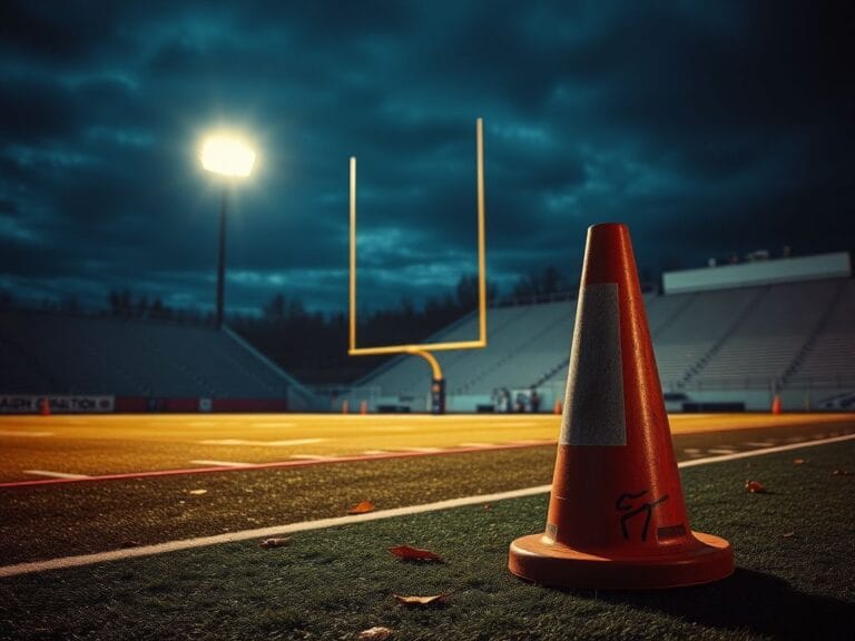 Flick International A dramatic scene of an empty college football stadium at dusk with a traffic cone in the foreground