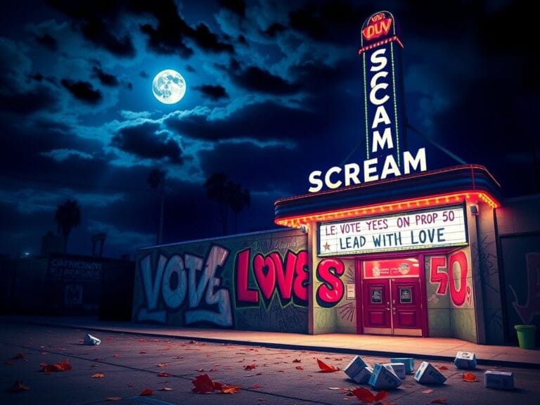 Flick International Vibrant theater marquee for 'Scream' surrounded by graffiti art promoting civic engagement