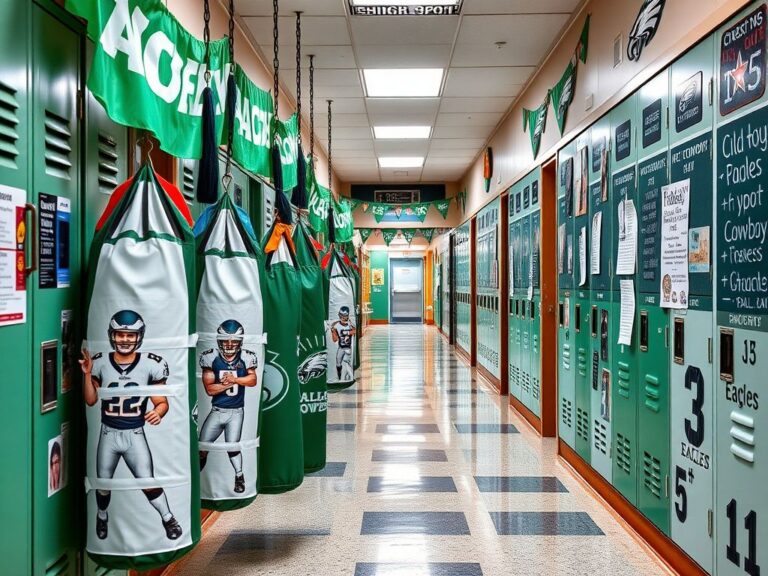 Flick International School hallway decorated with Cowboys player punching bags for Eagles game