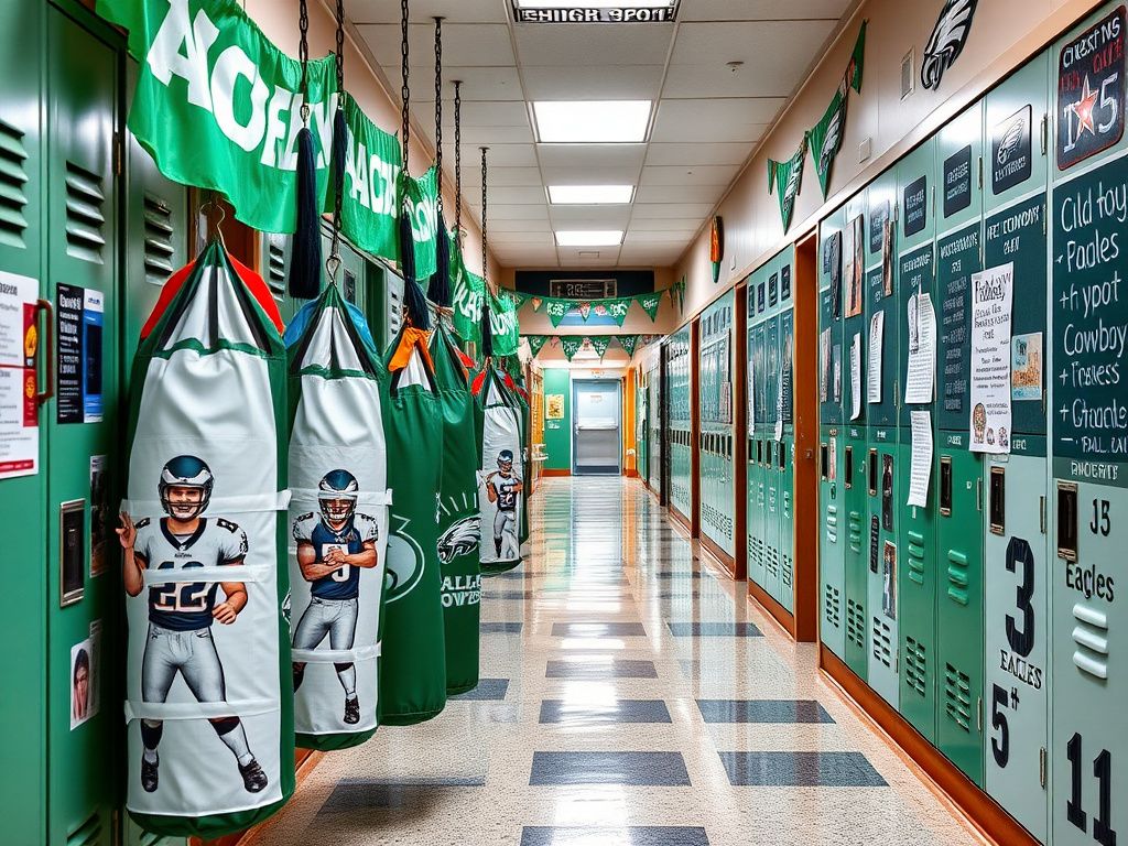 Flick International School hallway decorated with Cowboys player punching bags for Eagles game