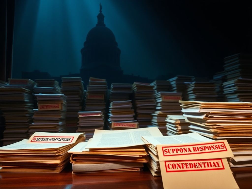 Flick International Dimly lit room with stacks of legal documents symbolizing Epstein investigation