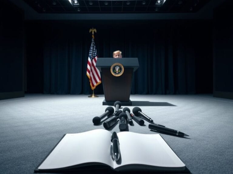 Flick International A modern press briefing room with an imposing podium and abandoned microphones