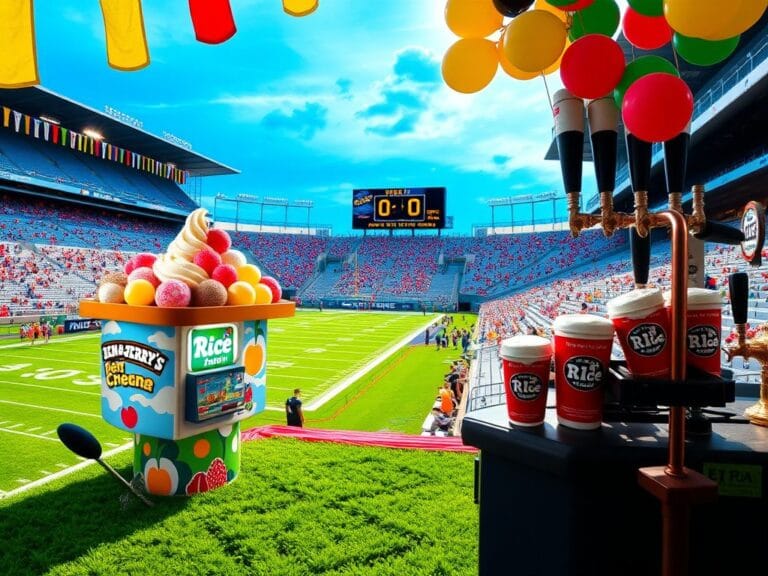 Flick International Vibrant college football stadium with ice cream and beer stands