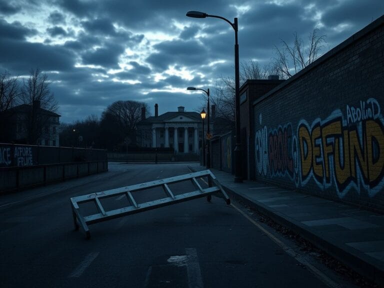 Flick International somber urban street scene at dusk with anti-police graffiti