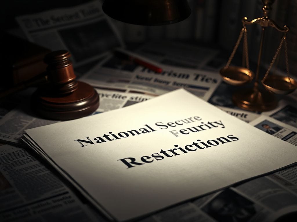 Flick International Dark legal document titled 'National Security Restrictions' lying on a desk under harsh overhead lighting