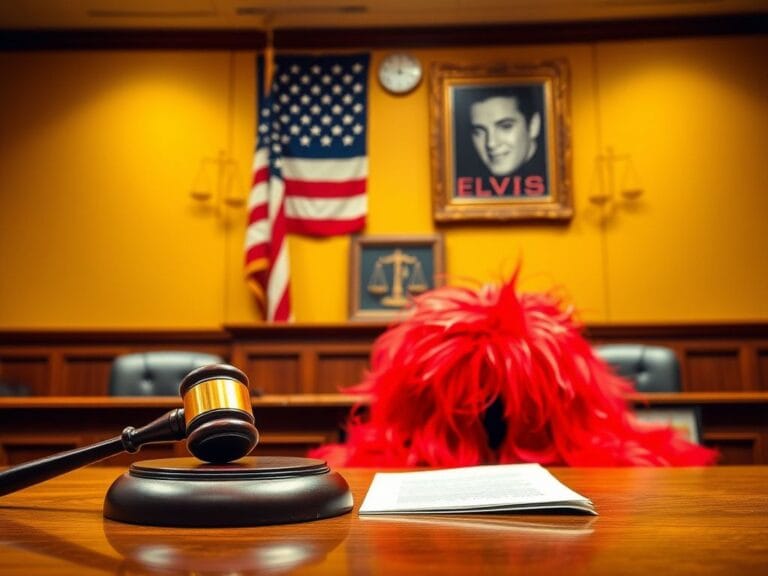 Flick International Courtroom scene featuring gavel and Elvis memorabilia