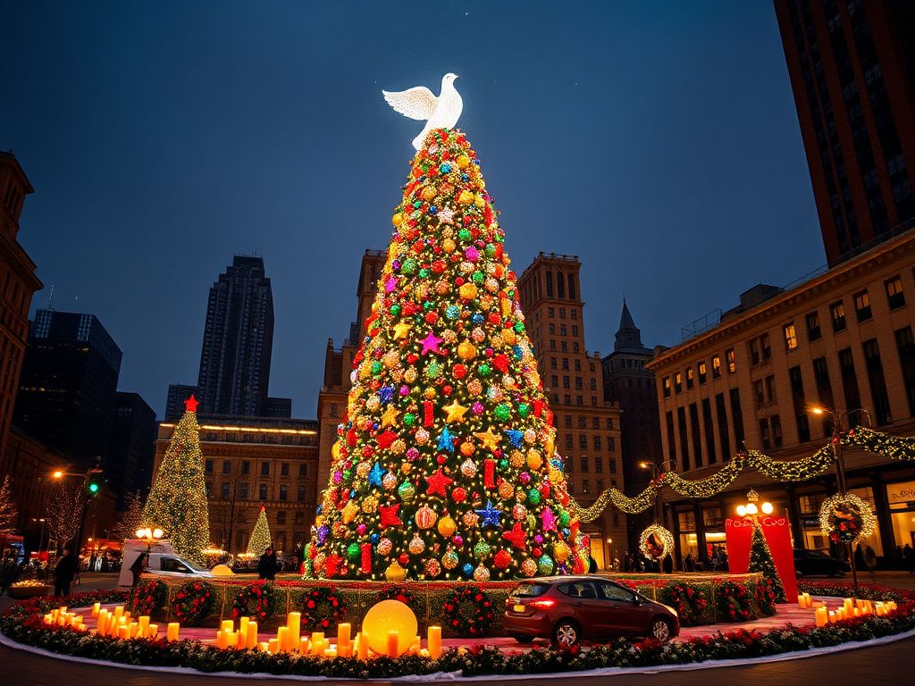 Flick International A stunning 50-foot Christmas tree adorned with twinkling lights and colorful ornaments in an urban setting.