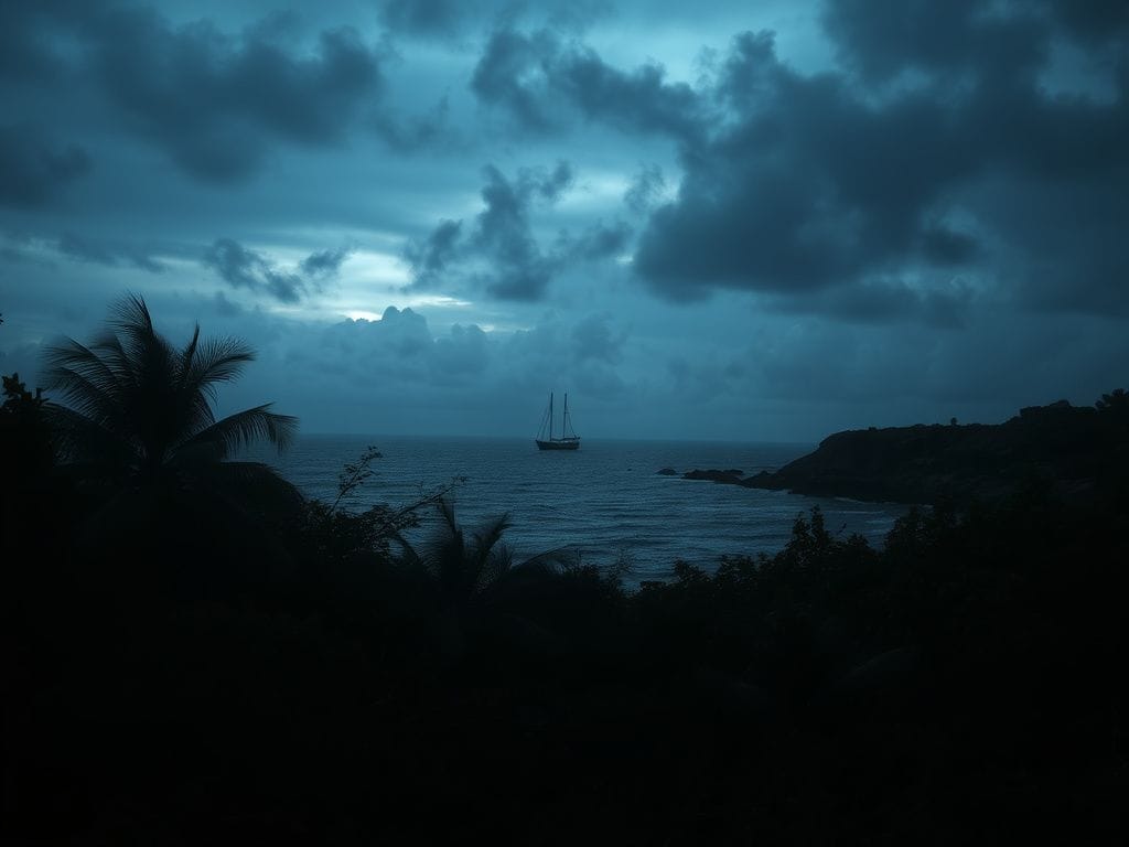 Flick International Ominous landscape of Gonave Island, Haiti with dark vegetation and a foreboding sky