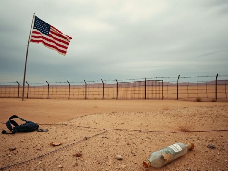 Flick International Vast desert border landscape with a barbed wire fence and a weathered American flag