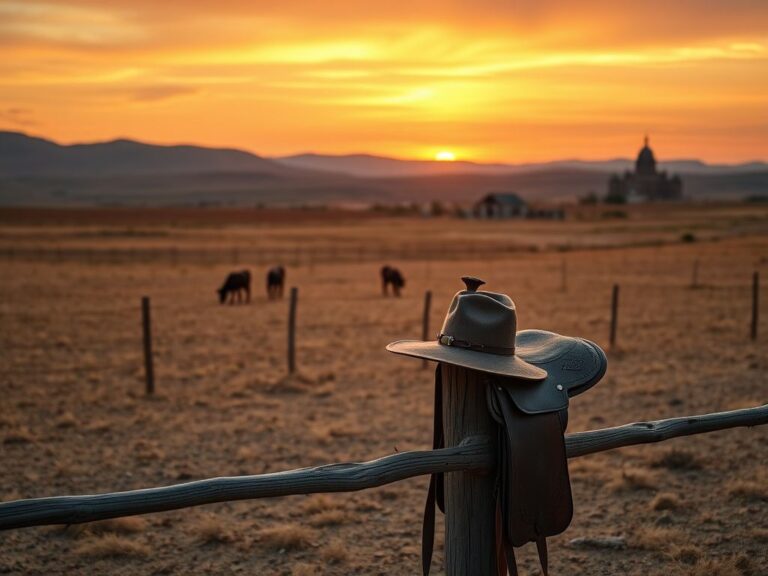 Flick International A tranquil ranch landscape at sunset with a cowboy hat on a saddle