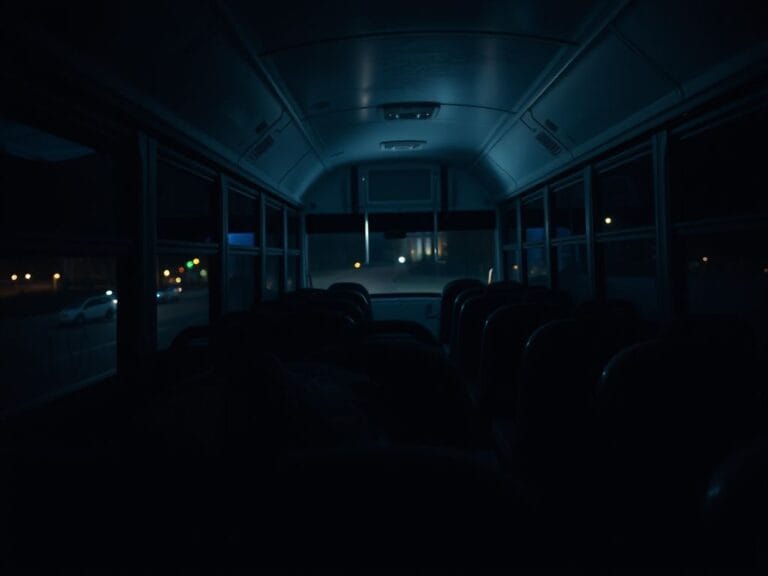 Flick International Dimly lit charter bus with unoccupied seats and a backpack, symbolizing abandonment after shooting incident
