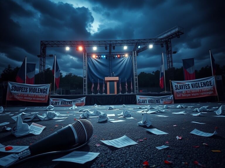 Flick International A dimly lit outdoor rally stage with political banners and an ominous sky overhead
