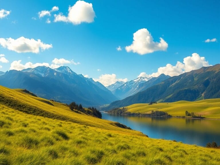 Flick International A serene New Zealand landscape with lush green hills and mountain ranges under a clear blue sky