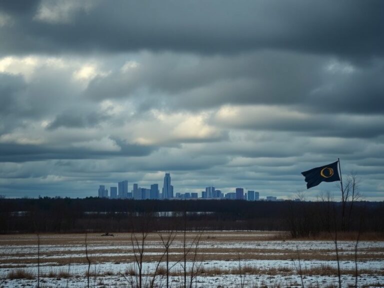 Flick International Somber winter landscape in Minnesota with ominous clouds and barren fields reflecting the tension surrounding deportation changes for Somali nationals.