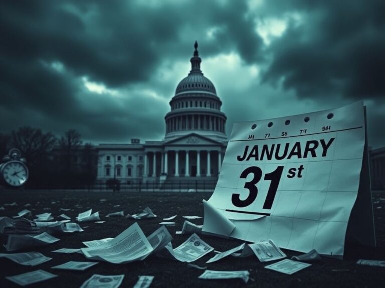 Flick International Darkened view of the United States Capitol building amidst ominous clouds with a crumpled calendar marking January 31st.