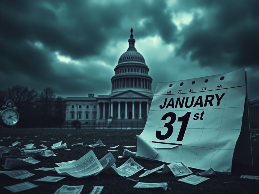 Flick International Darkened view of the United States Capitol building amidst ominous clouds with a crumpled calendar marking January 31st.