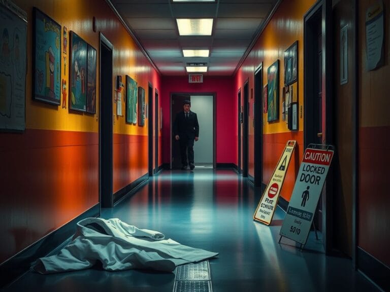 Flick International Dimly lit corridor in an elementary school with cheerful artwork and a shadowy figure suggesting a security breach.