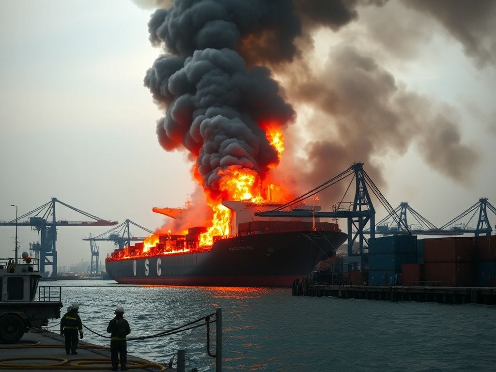 Flick International Cargo ship engulfed in flames at the Port of Los Angeles during emergency evacuation