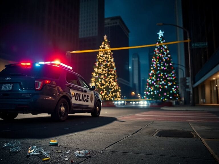 Flick International Chaotic downtown Chicago scene with police vehicle and Christmas tree