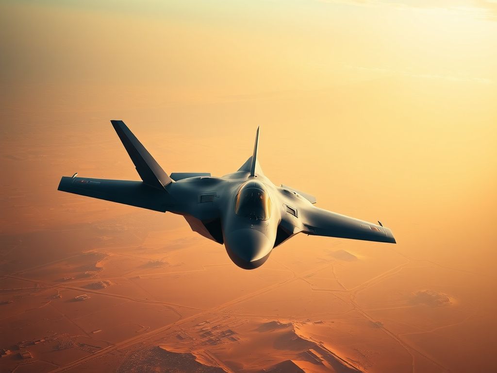 Flick International A sleek F-35 fighter jet soaring over a desert landscape, symbolizing geopolitical tensions