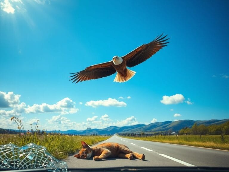 Flick International A bald eagle dropping a cat carcass onto a shattered car windshield on a North Carolina highway