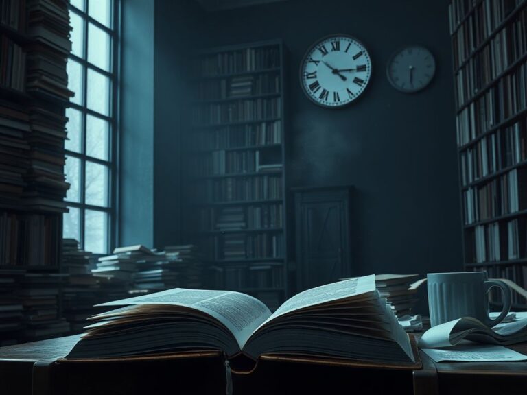 Flick International A dimly lit library scene highlighting academic chaos with bookshelves and an abandoned textbook