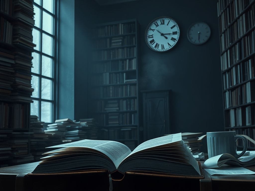 Flick International A dimly lit library scene highlighting academic chaos with bookshelves and an abandoned textbook