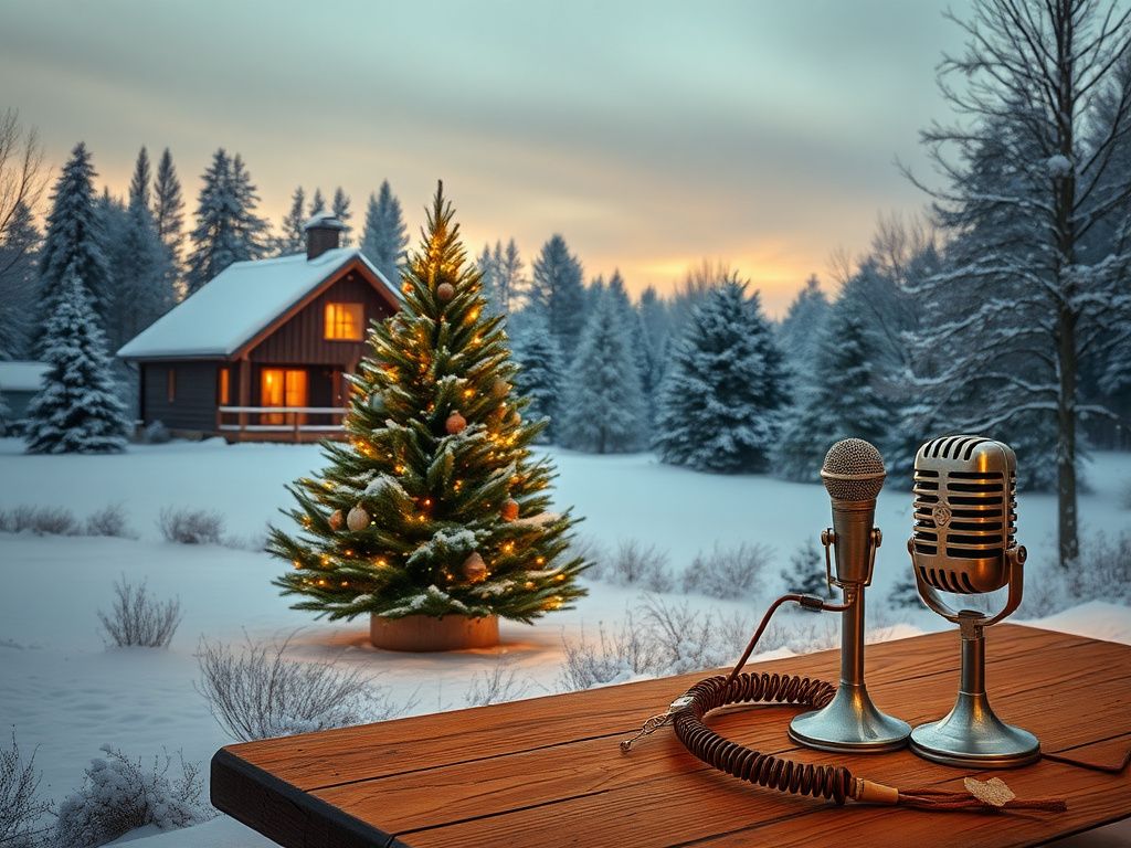 Flick International Cozy cabin in a winter landscape with a decorated evergreen tree