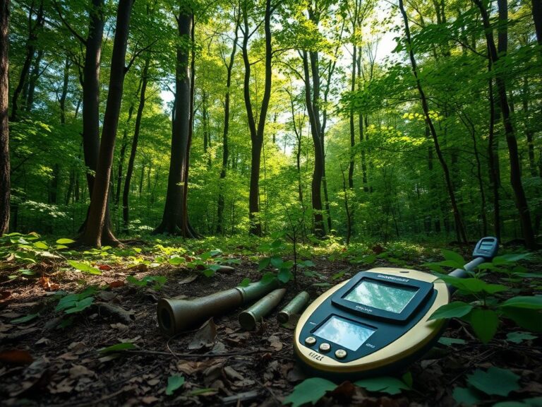 Flick International Rusted artillery shells partially visible in a forest with a metal detector in the foreground